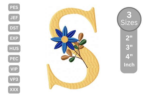 Botanical Flower Letter - S: A Charming Embroidery Design